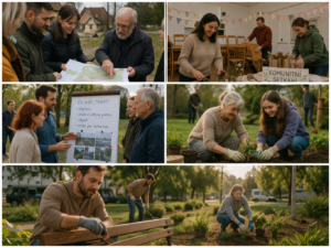Koláž fotografií zachycuje komunitní a dobrovolnické aktivity: lidé plánují úpravy veřejného prostoru, připravují komunitní setkání, diskutují o místních tématech, sázejí rostliny a společně obnovují parkovou lavičku.