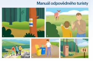 Ilustrace z Manuálu odpovědného turisty ukazuje zásady ohleduplného chování v přírodě, například pohyb po značených trasách, tiché pozorování zvířat, ohleduplnost při výletech, třídění odpadu a využívání veřejných toalet.