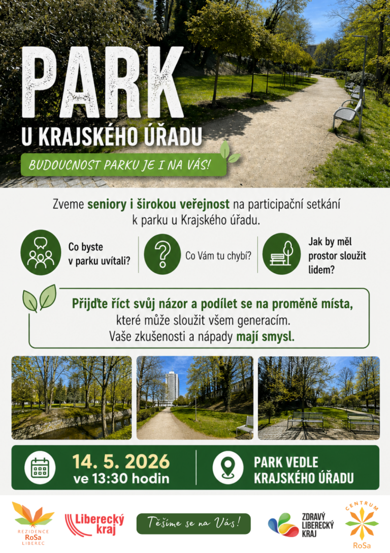 Pozvánka na sousedské setkání v parku u Krajského úřadu Libereckého kraje.