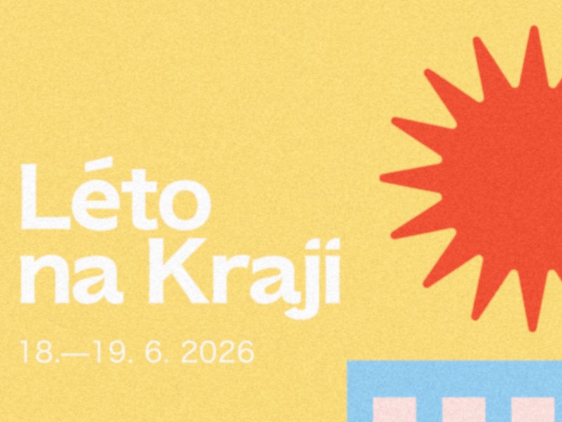 Grafika k akci Léto na Kraji s termínem 18.–19. 6. 2026, motivem slunce a stylizovanou budovou krajského úřadu.